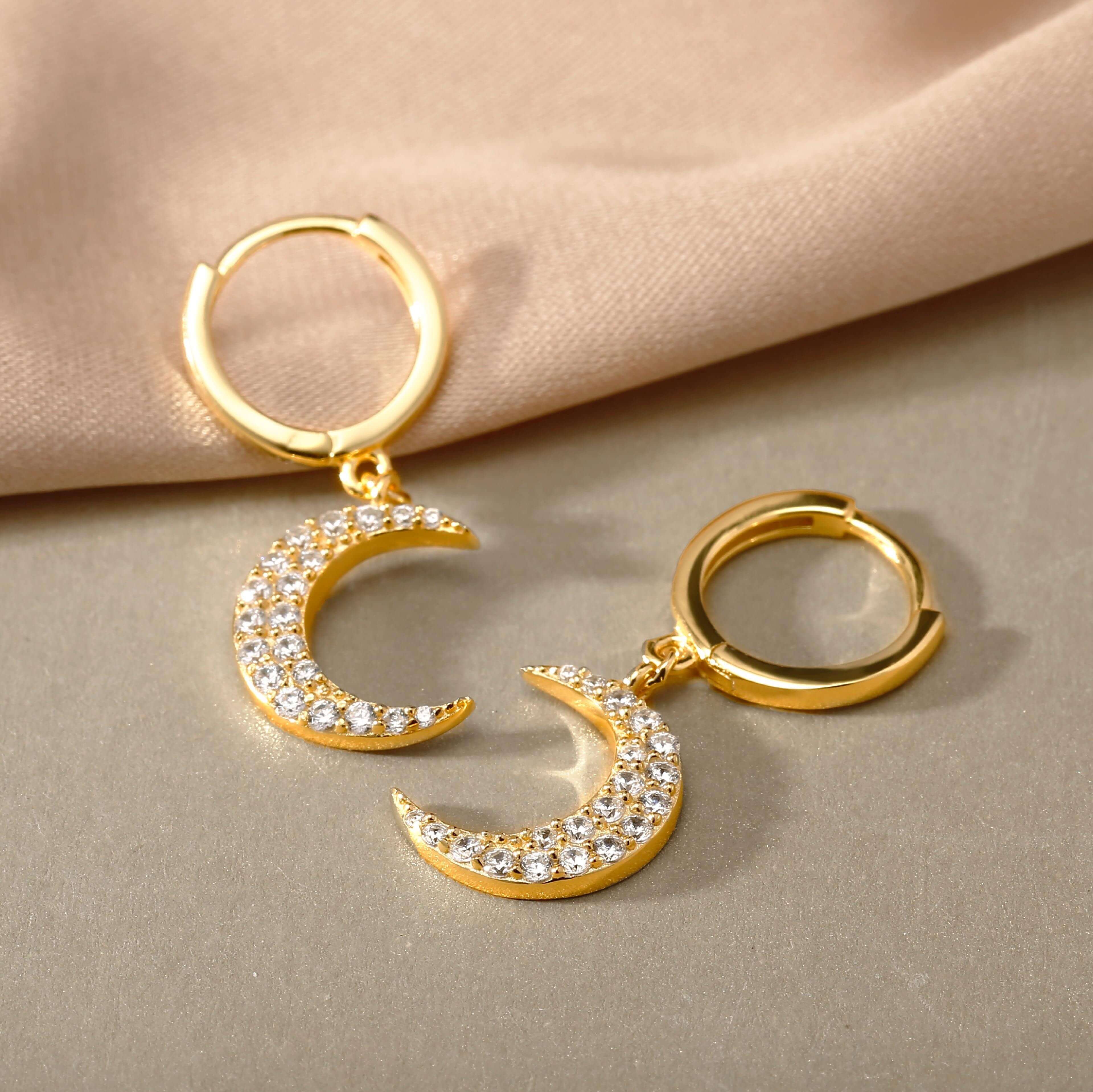 Cute Moon Huggie Hoop Earrings Cute Hoop Earrings With Moon Charms - Trendolla Jewelry