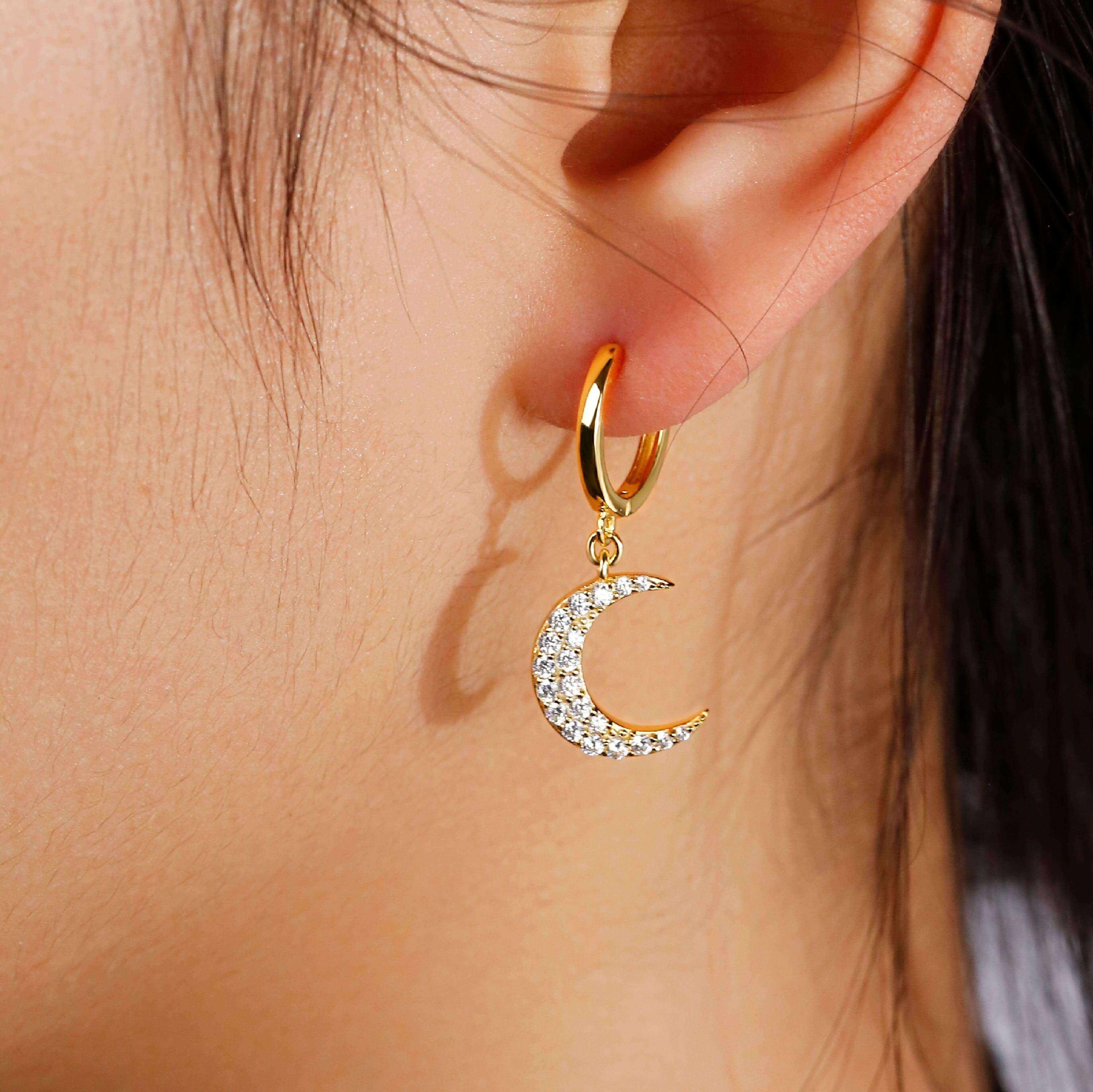 Cute Moon Huggie Hoop Earrings Cute Hoop Earrings With Moon Charms - Trendolla Jewelry