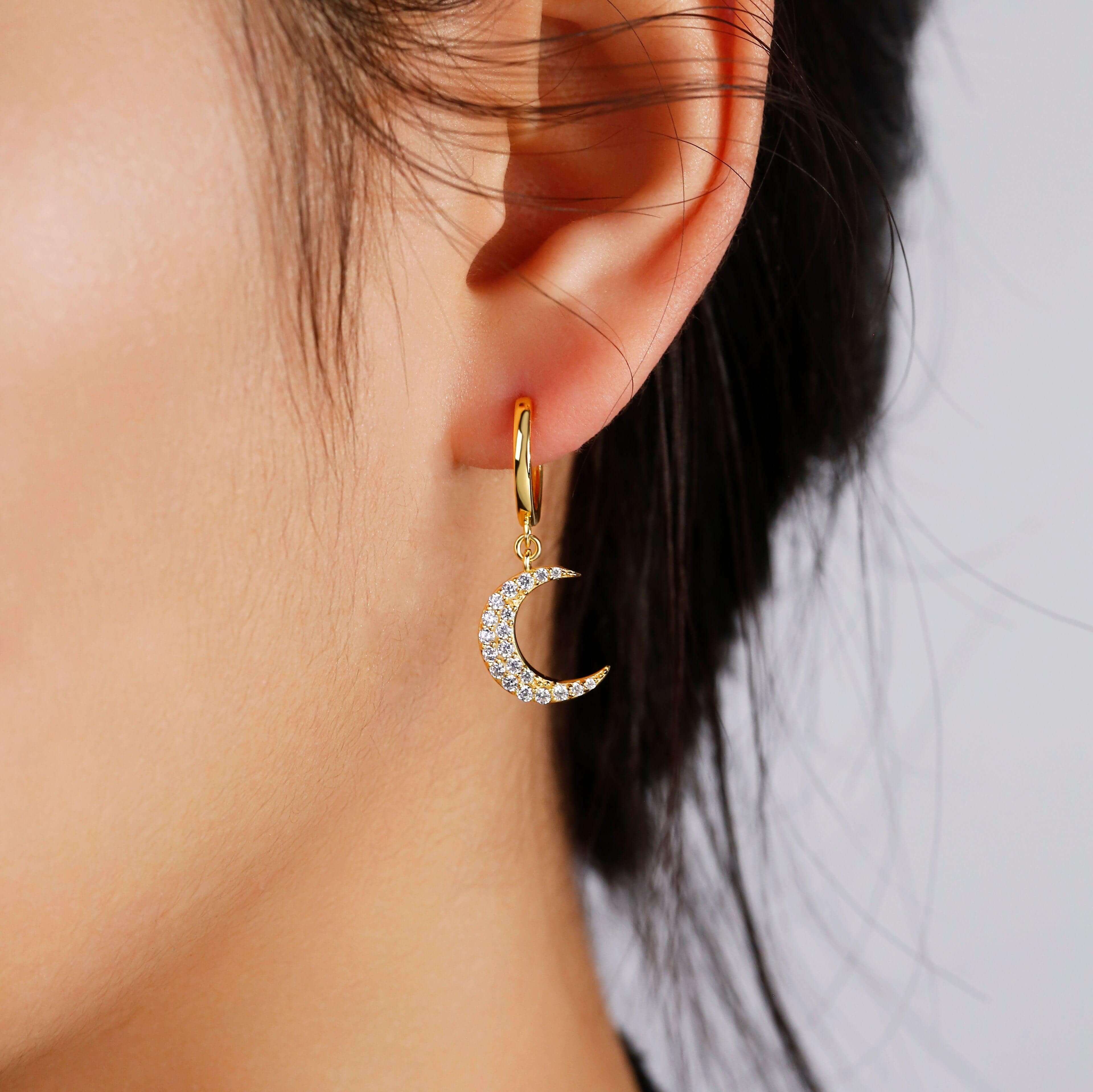 Cute Moon Huggie Hoop Earrings Cute Hoop Earrings With Moon Charms - Trendolla Jewelry