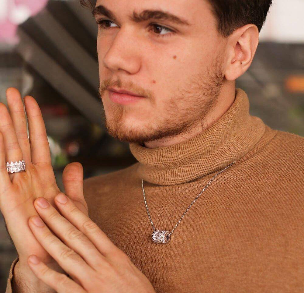 IMPERIAL BLACK PAVÉ CROWN NECKLACE, LG, ROLLINS ROYALE by Nathaniel Rollins, CZ Diamond 18ct White Gold Plated Vermeil on Sterling Silver of Trendolla - Trendolla Jewelry