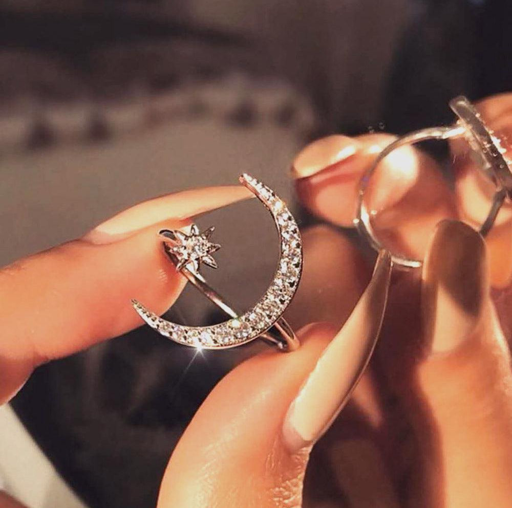 Sterling Silver Crescent Moon and Star Ring Adjustable Moon Ring - Trendolla Jewelry