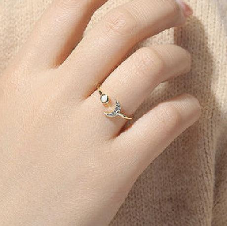 Sterling Silver Opal Crescent Moon and Star Ring Adjustable Moon Ring - Trendolla Jewelry