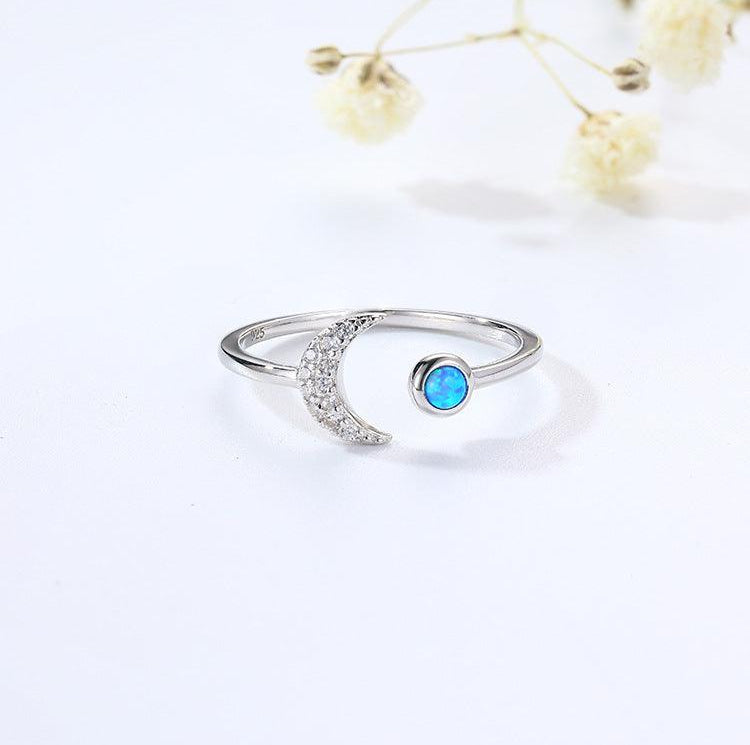 Sterling Silver Opal Crescent Moon and Star Ring Adjustable Moon Ring - Trendolla Jewelry