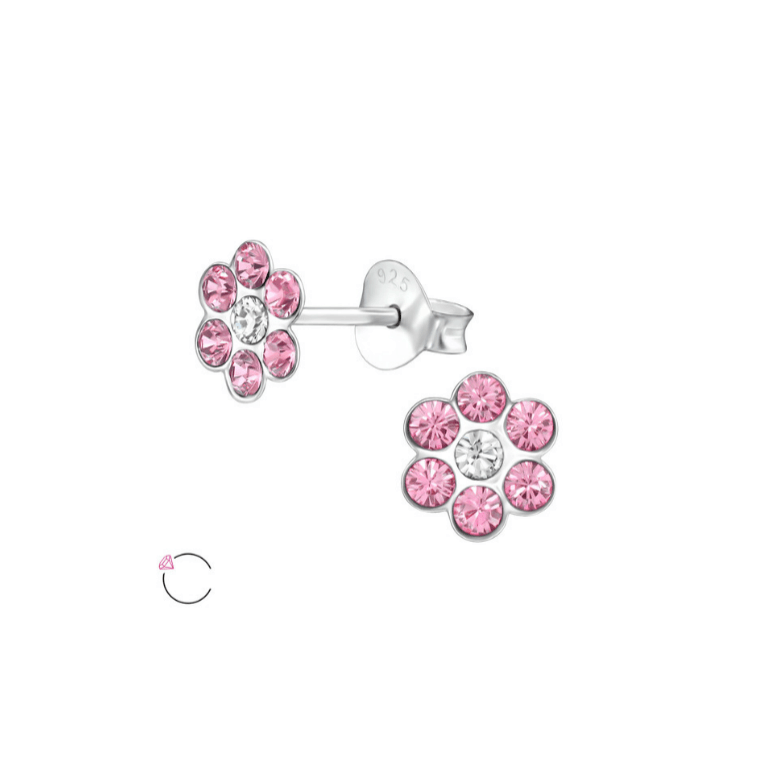 Sterling Silver Pink White Crystal Flowers Baby Children Earrings - Trendolla Jewelry
