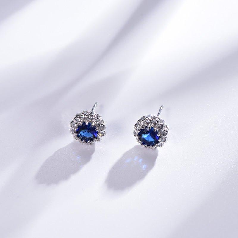 Sun Flower Blue Sapphire Round cut Stud Earrings In Sterling Silver - Trendolla Jewelry